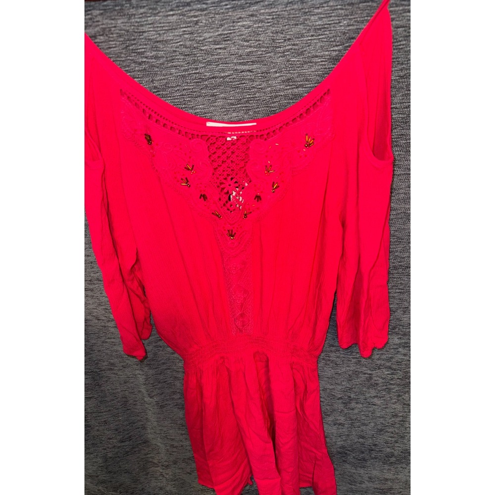 Miss Me Fuchsia Beaded Top Cold Shoulder Crochet Lace Smocked Waist Pink Medium - Picture 5 of 5